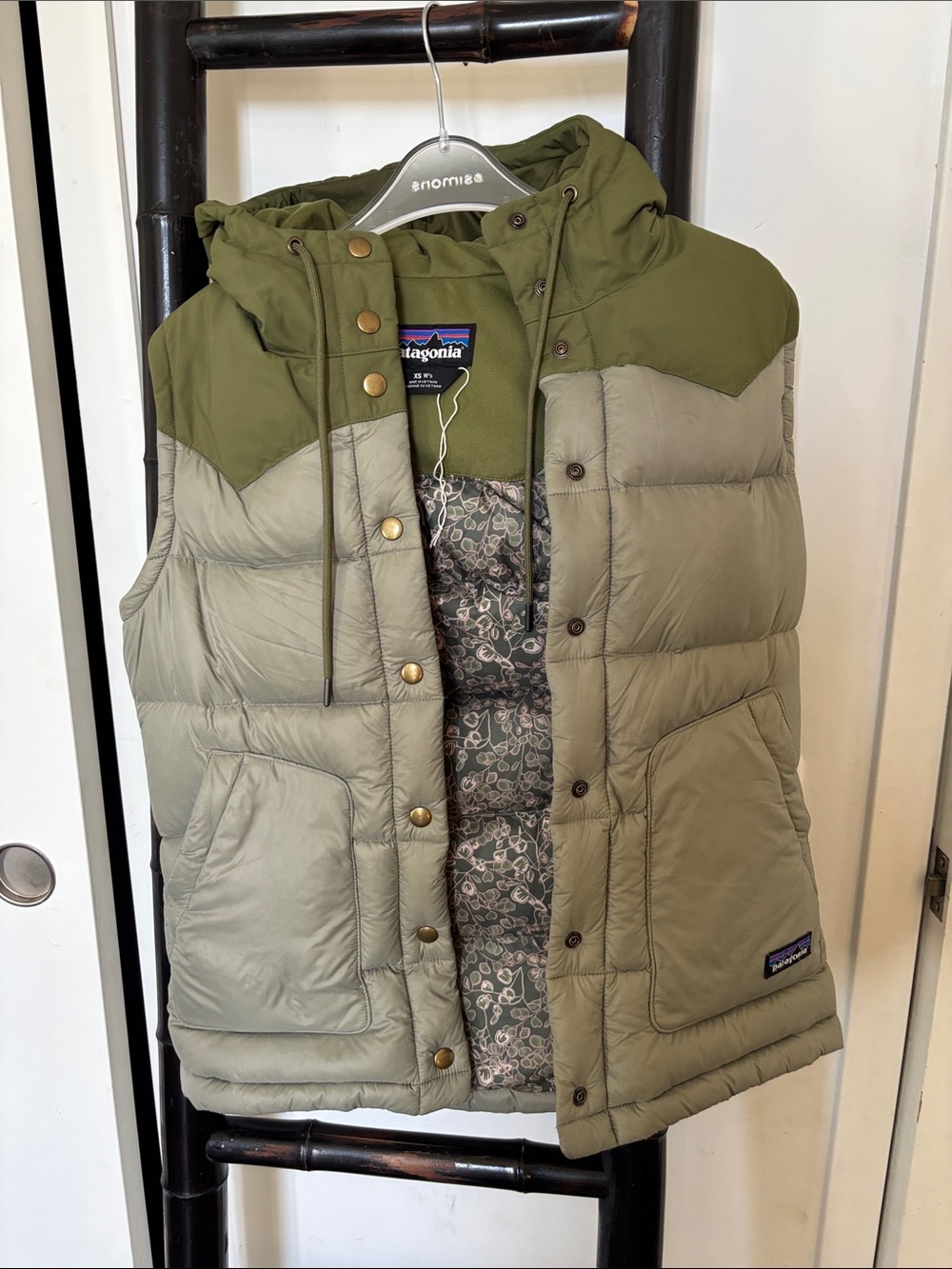 Patagonia Olive and Sage Green Hooded Puffer Vest
